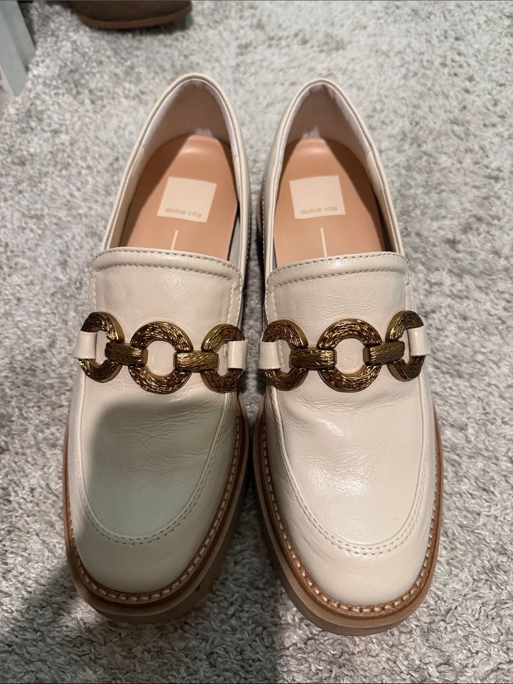 Dolce Vita Ivory Leather Loafers with Gold Chain Trim
